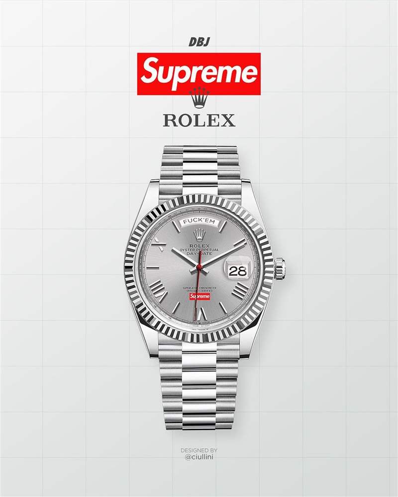 有些部落客放在網(wǎng)路上的假想圖則比較類似BAMFORD改錶的模式，例如把Day-Datey拿來小改，在面盤6點方向加Supreme標誌，然後把星期窗加上”FUCK EM”字樣等。（IG@dropsbyjay）