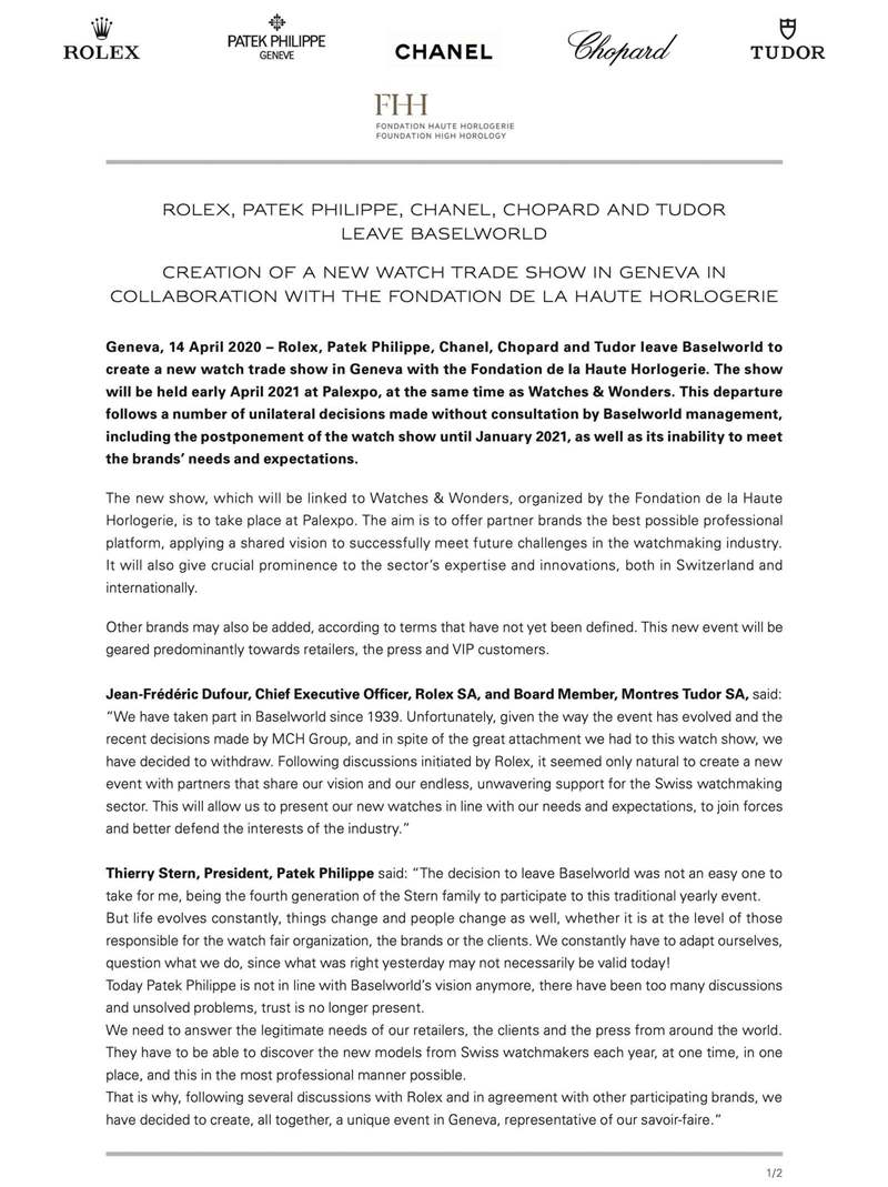 勞力士、百達翡麗和更多奢侈品牌離開巴塞爾世界，參加日內(nèi)瓦鐘表與奇跡的新貿(mào)易展