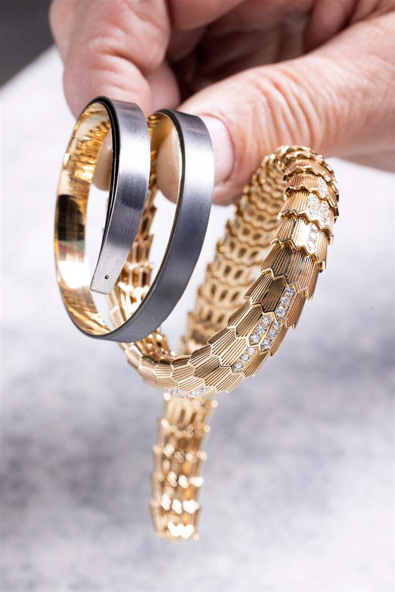 展示內部彈簧的表殼結構，Serpenti Misteriosi