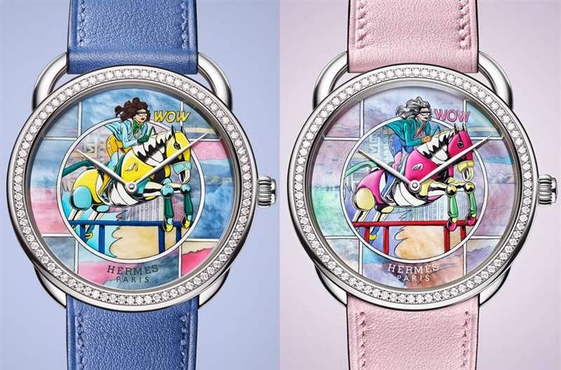 愛(ài)馬仕Arceau限量表于珍珠母貝面盤微繪畫(huà)上漫畫(huà)風(fēng)格絲巾圖案